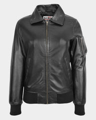 Womens Leather Bomber Jacket Removable Collar Nova Black