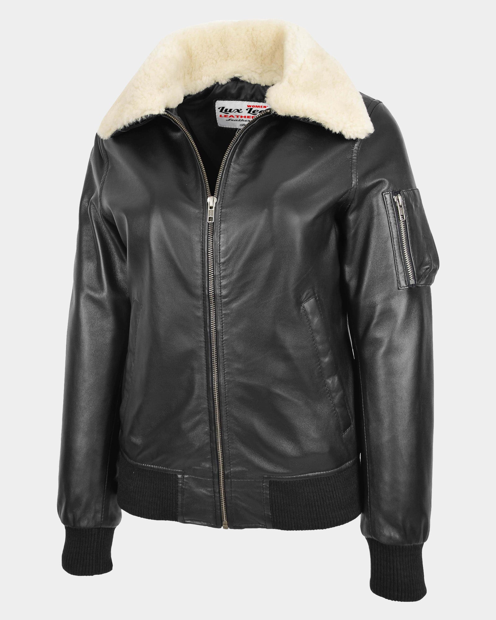 Womens Leather Bomber Jacket Removable Collar Nova Black