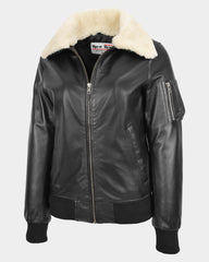 Womens Leather Bomber Jacket Removable Collar Nova Black