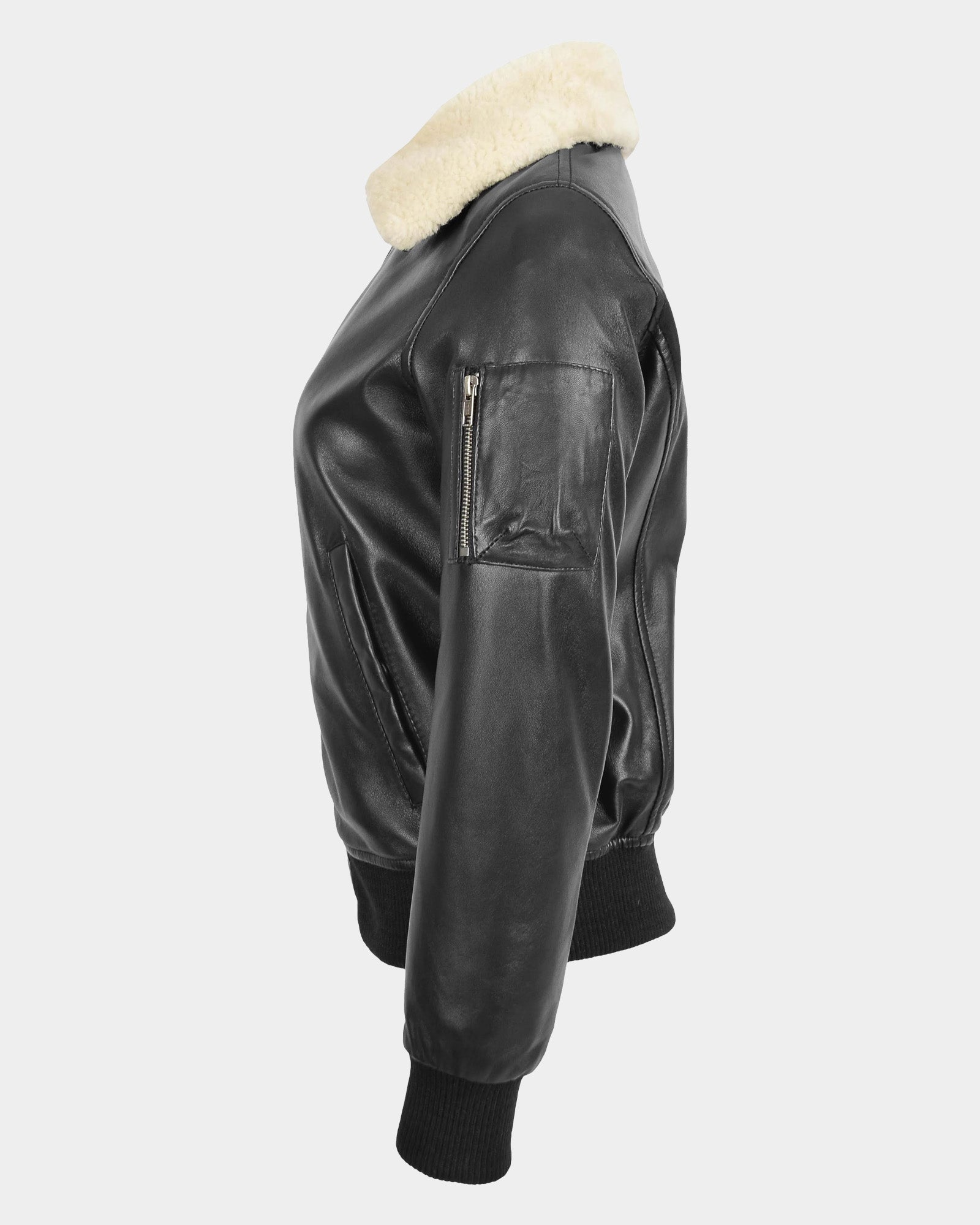 Womens Leather Bomber Jacket Removable Collar Nova Black