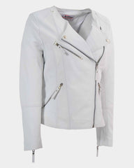 Womens Leather Casual Biker Jacket Shelly Cross Zip Astral Off White