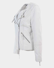 Womens Leather Casual Biker Jacket Shelly Cross Zip Astral Off White