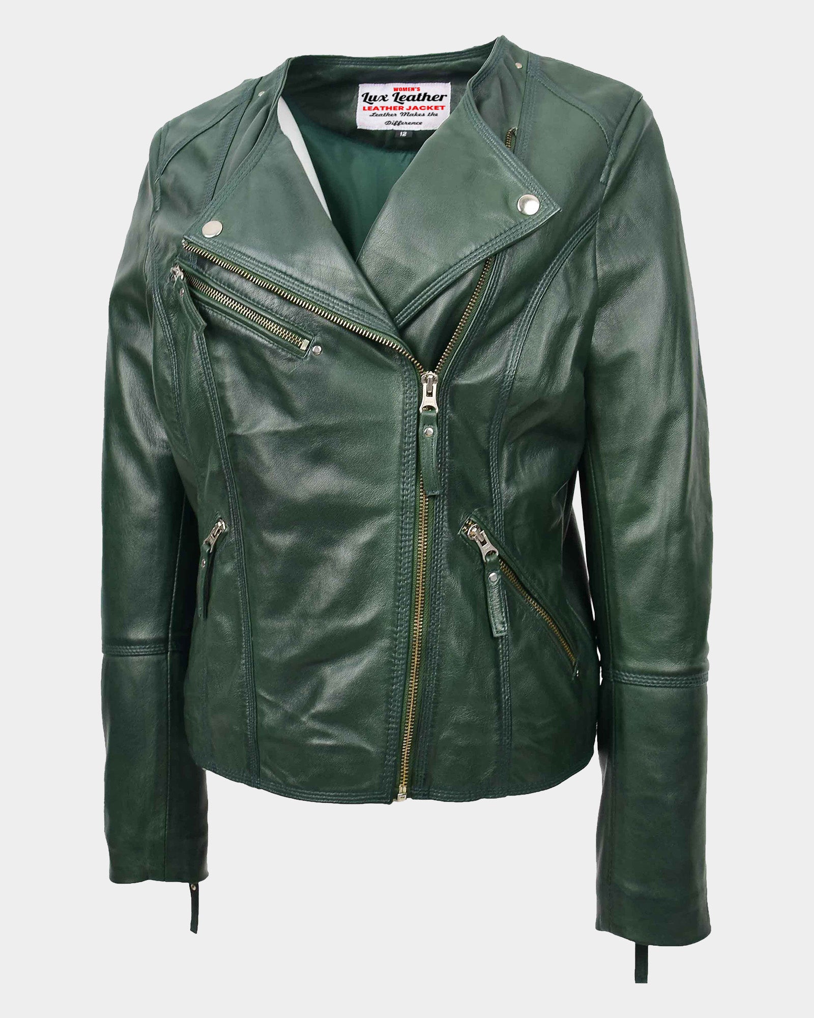 Womens Leather Casual Biker Jacket Shelly Cross Zip Aurora Green
