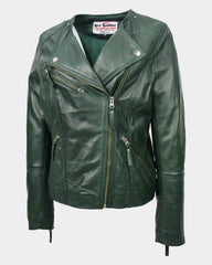 Womens Leather Casual Biker Jacket Shelly Cross Zip Aurora Green