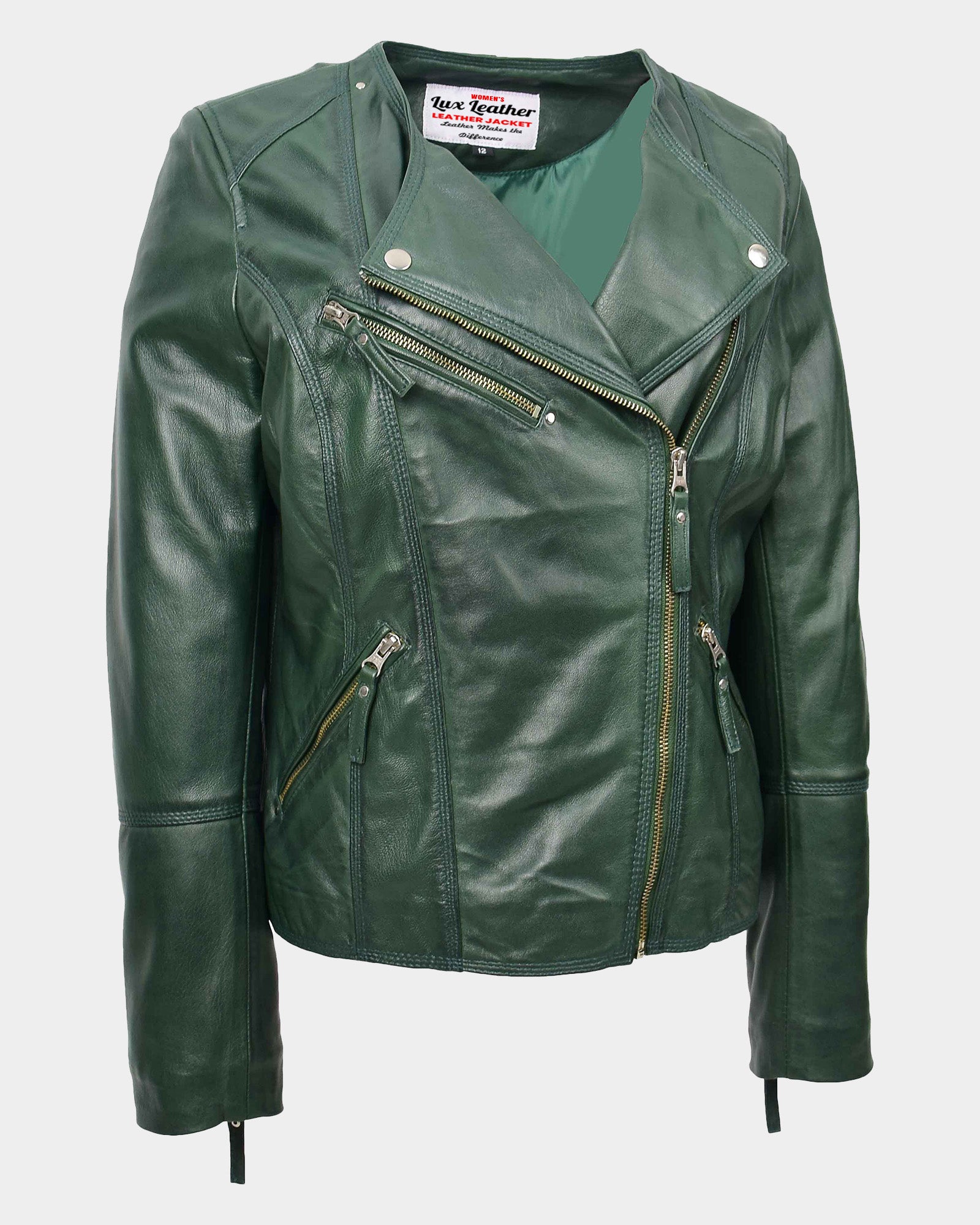 Womens Leather Casual Biker Jacket Shelly Cross Zip Aurora Green
