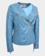 Womens Leather Casual Biker Jacket Shelly Cross Zip Tranquil Teal