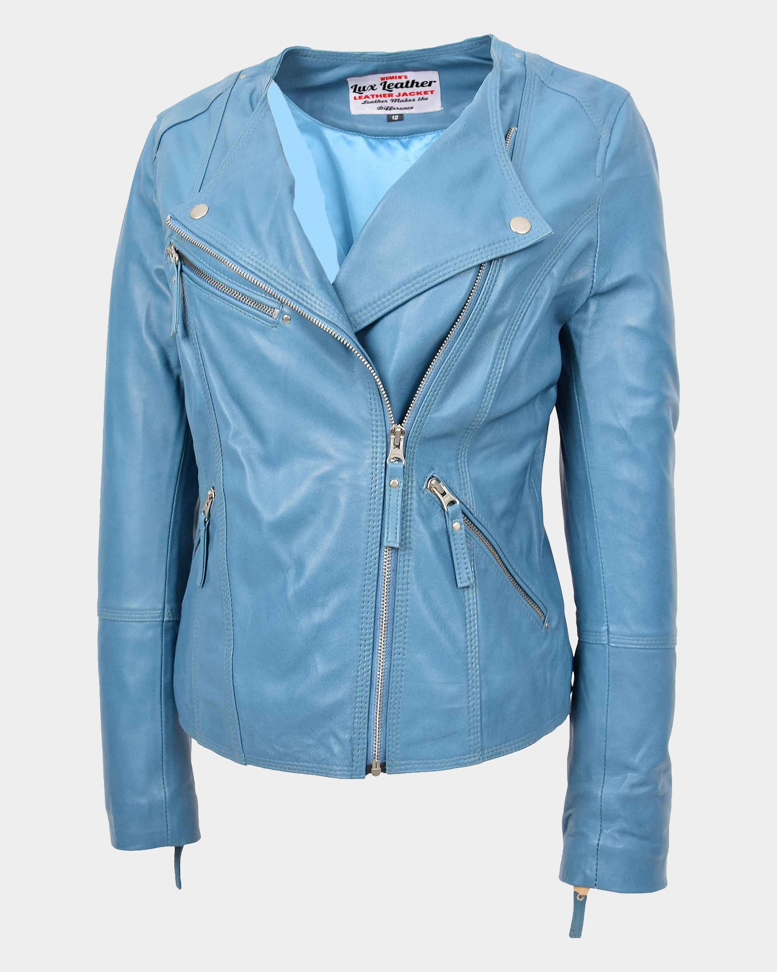Womens Leather Casual Biker Jacket Shelly Cross Zip Tranquil Teal