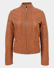 Womens Leather Casual Standing Collar Jacket Dynamo Tan