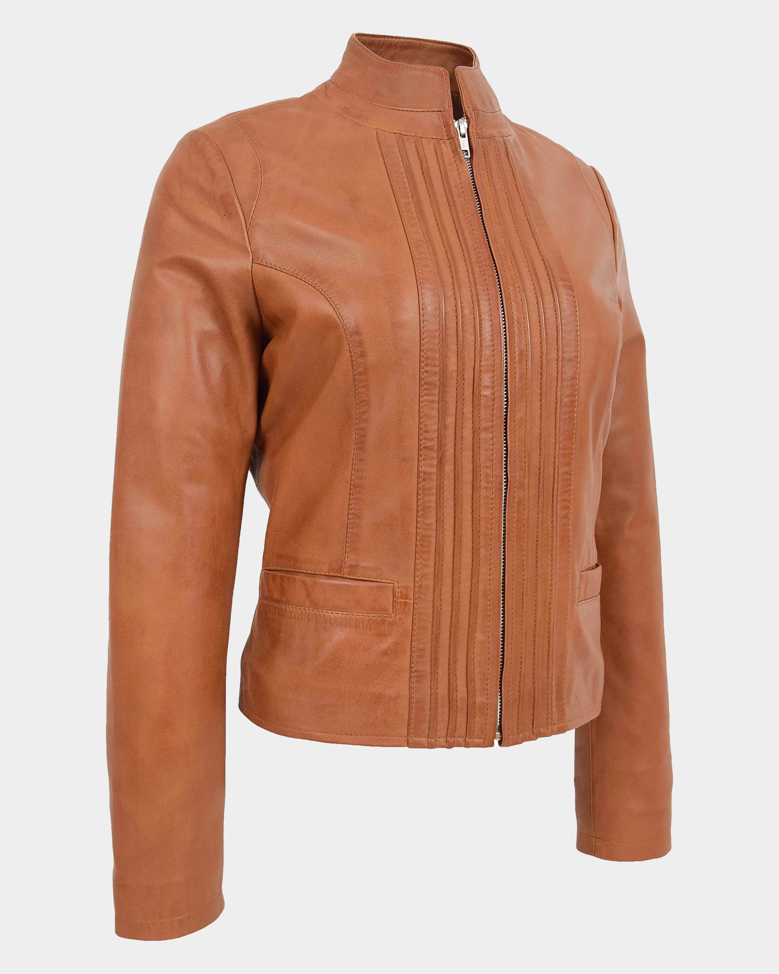 Womens Leather Casual Standing Collar Jacket Dynamo Tan
