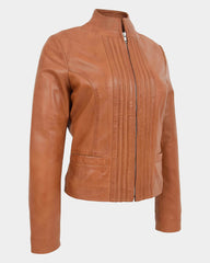 Womens Leather Casual Standing Collar Jacket Dynamo Tan