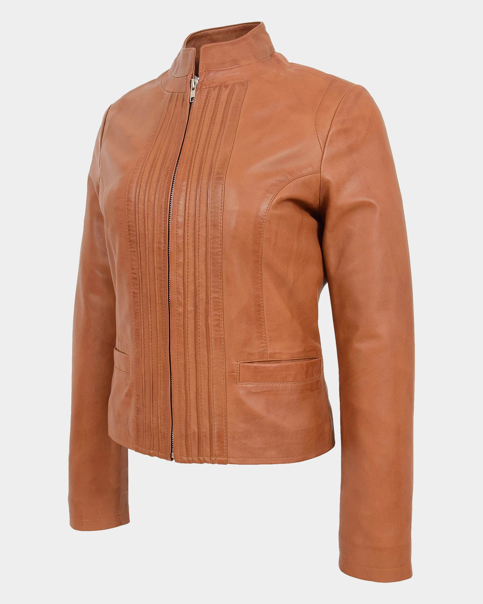 Womens Leather Casual Standing Collar Jacket Dynamo Tan