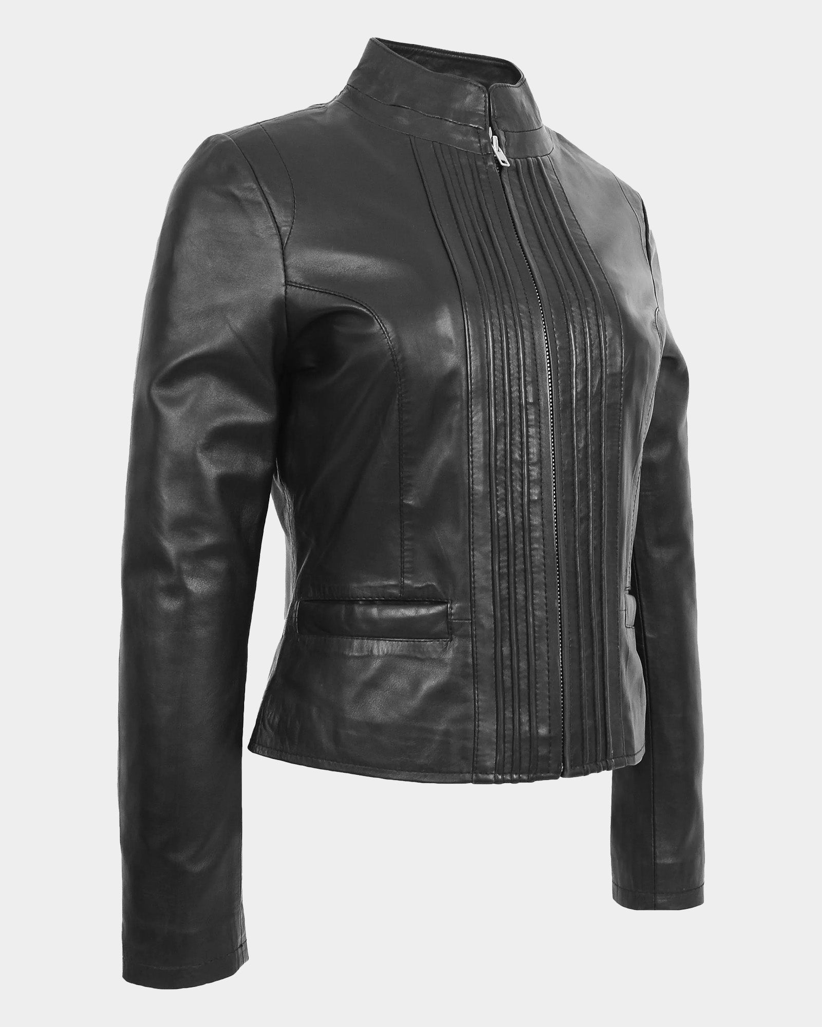 Womens Leather Casual Standing Collar Jacket Nova Black
