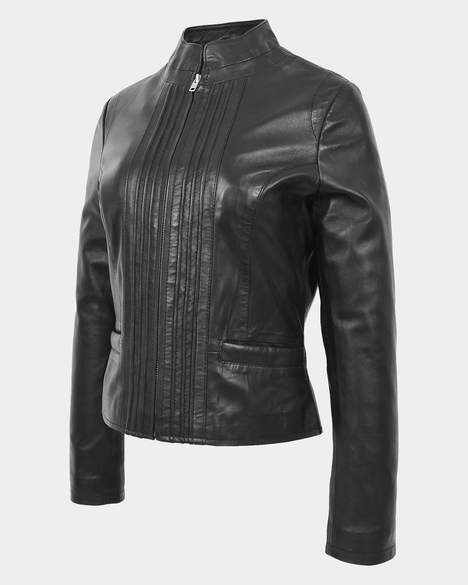 Womens Leather Casual Standing Collar Jacket Nova Black