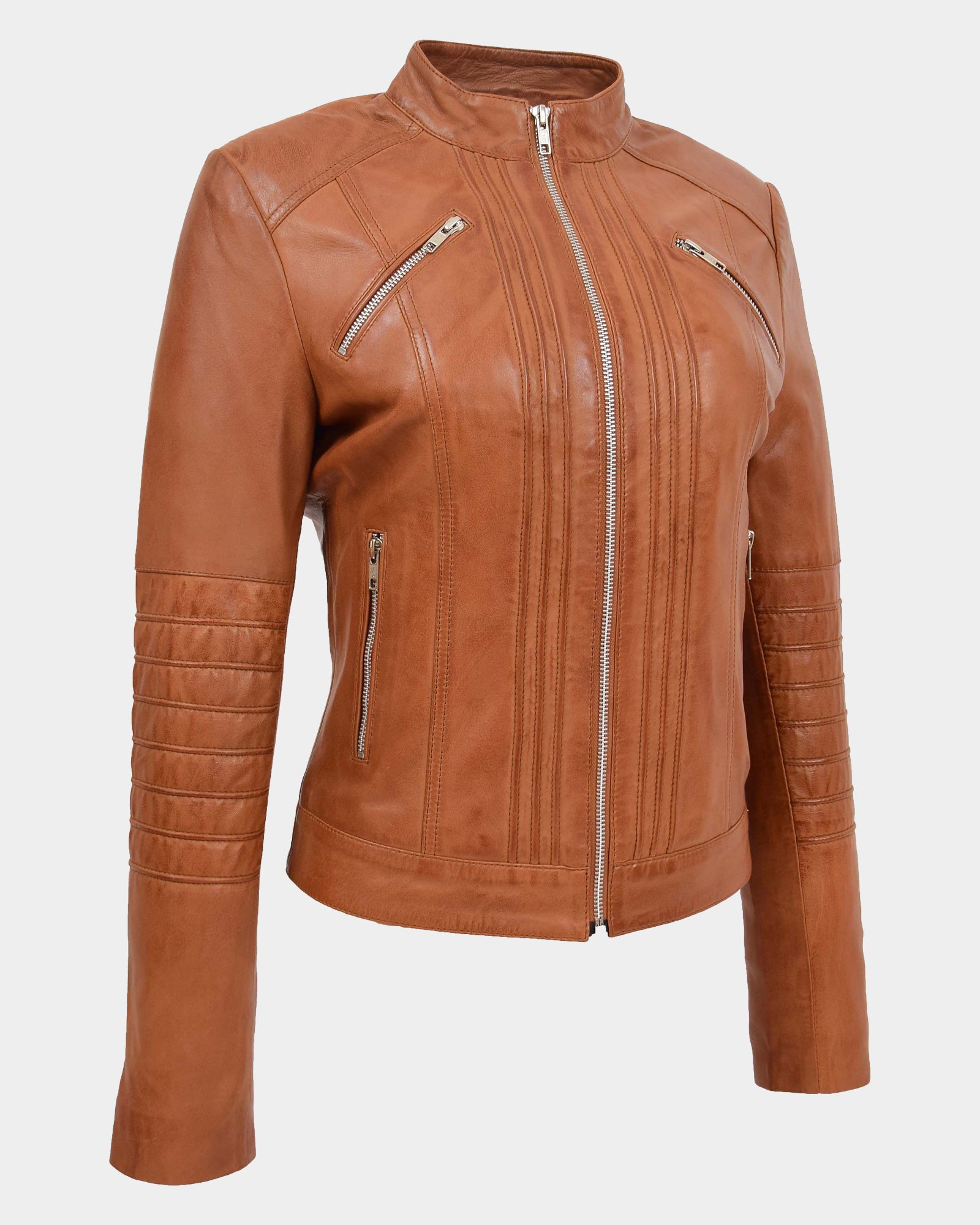 Womens Leather Classic Biker Style Jacket Dynamo Tan