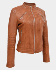 Womens Leather Classic Biker Style Jacket Dynamo Tan