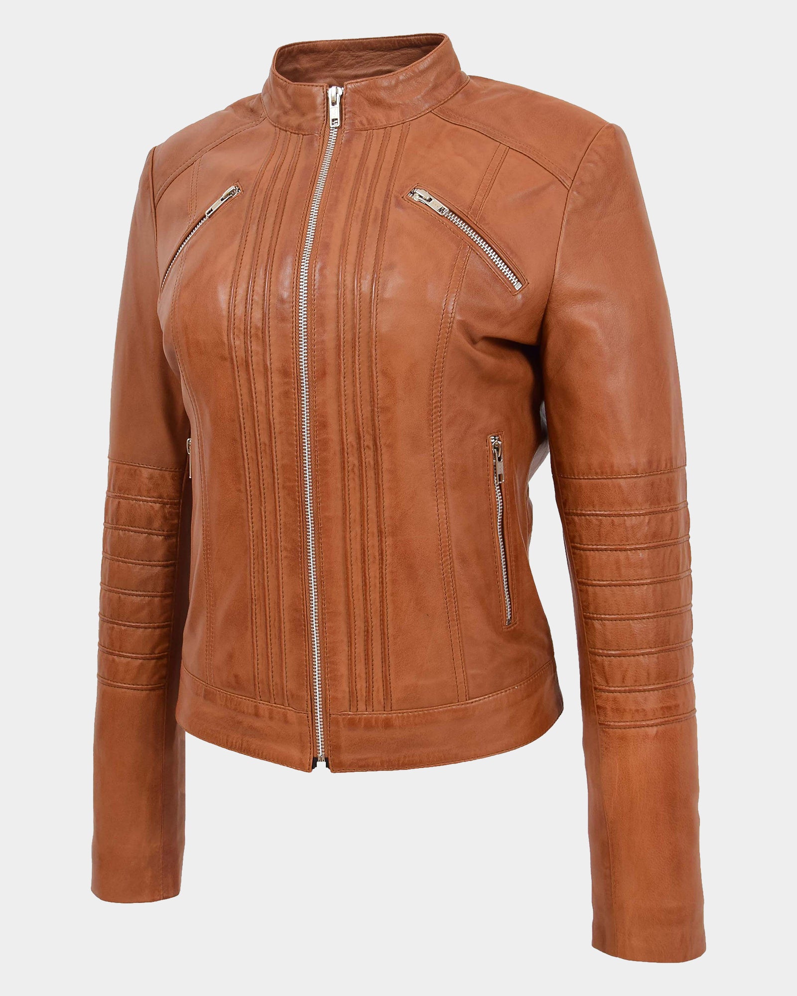 Womens Leather Classic Biker Style Jacket Dynamo Tan