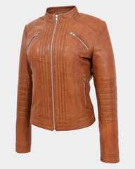 Womens Leather Classic Biker Style Jacket Dynamo Tan