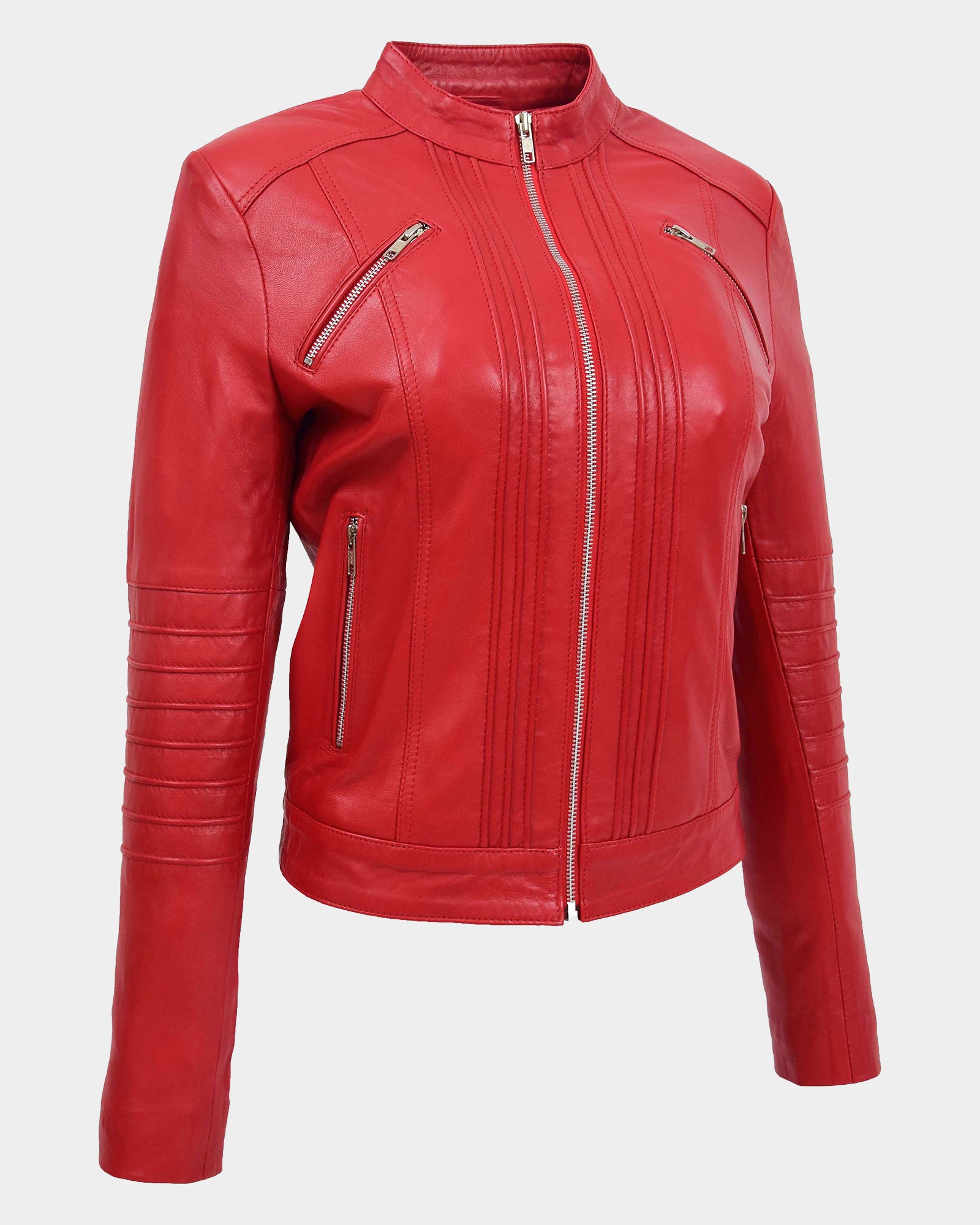 Womens Leather Classic Biker Style Jacket Ignite Red