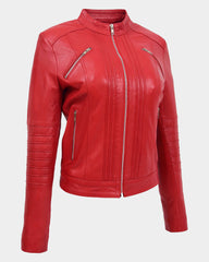 Womens Leather Classic Biker Style Jacket Ignite Red