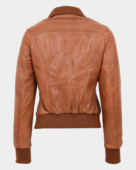 Womens Leather Classic Bomber Jacket Motto Dynamo Tan