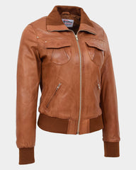 Womens Leather Classic Bomber Jacket Motto Dynamo Tan