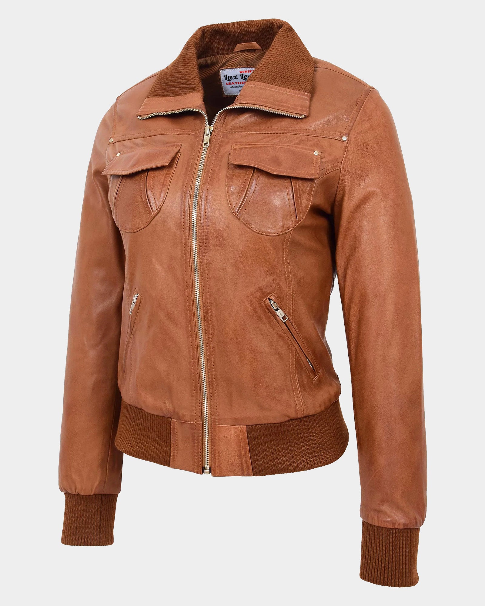 Womens Leather Classic Bomber Jacket Motto Dynamo Tan