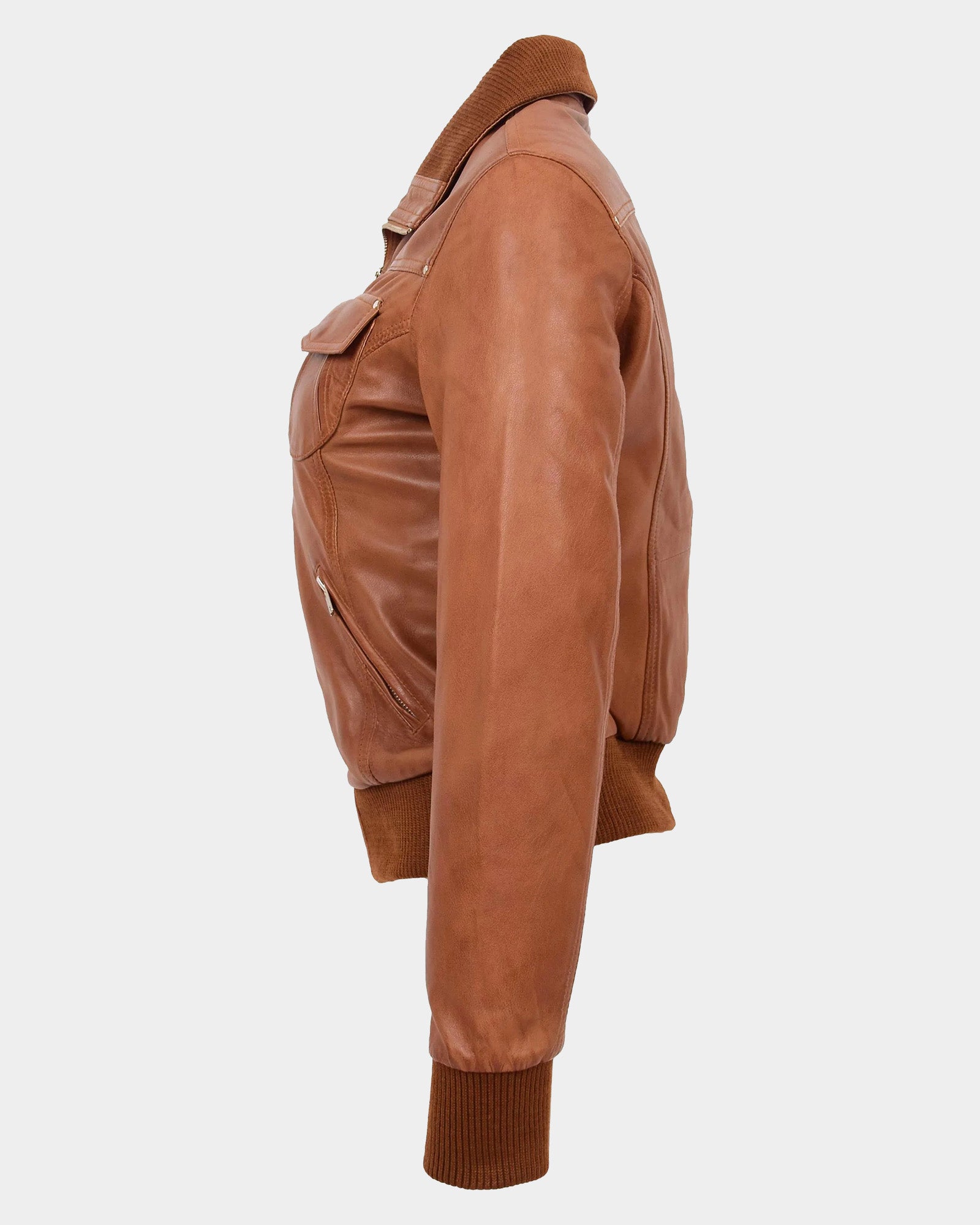 Womens Leather Classic Bomber Jacket Motto Dynamo Tan