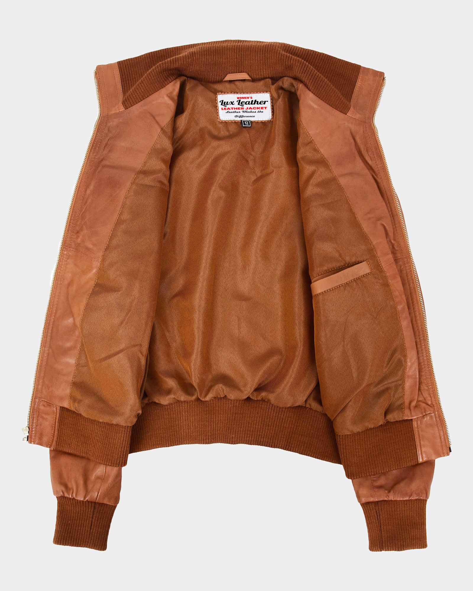 Womens Leather Classic Bomber Jacket Motto Dynamo Tan