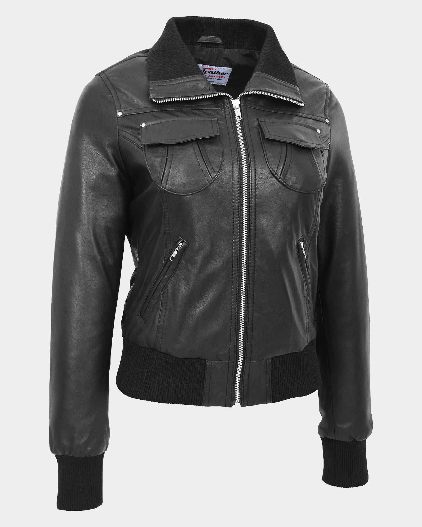 Womens Leather Classic Bomber Jacket Motto Nova Black