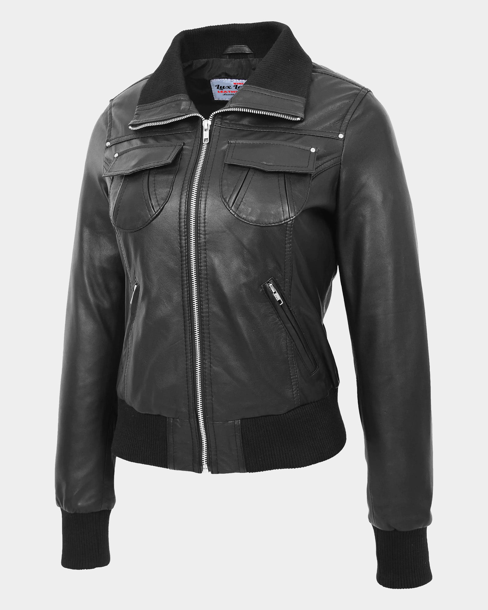 Womens Leather Classic Bomber Jacket Motto Nova Black