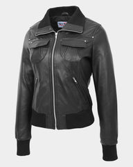 Womens Leather Classic Bomber Jacket Motto Nova Black