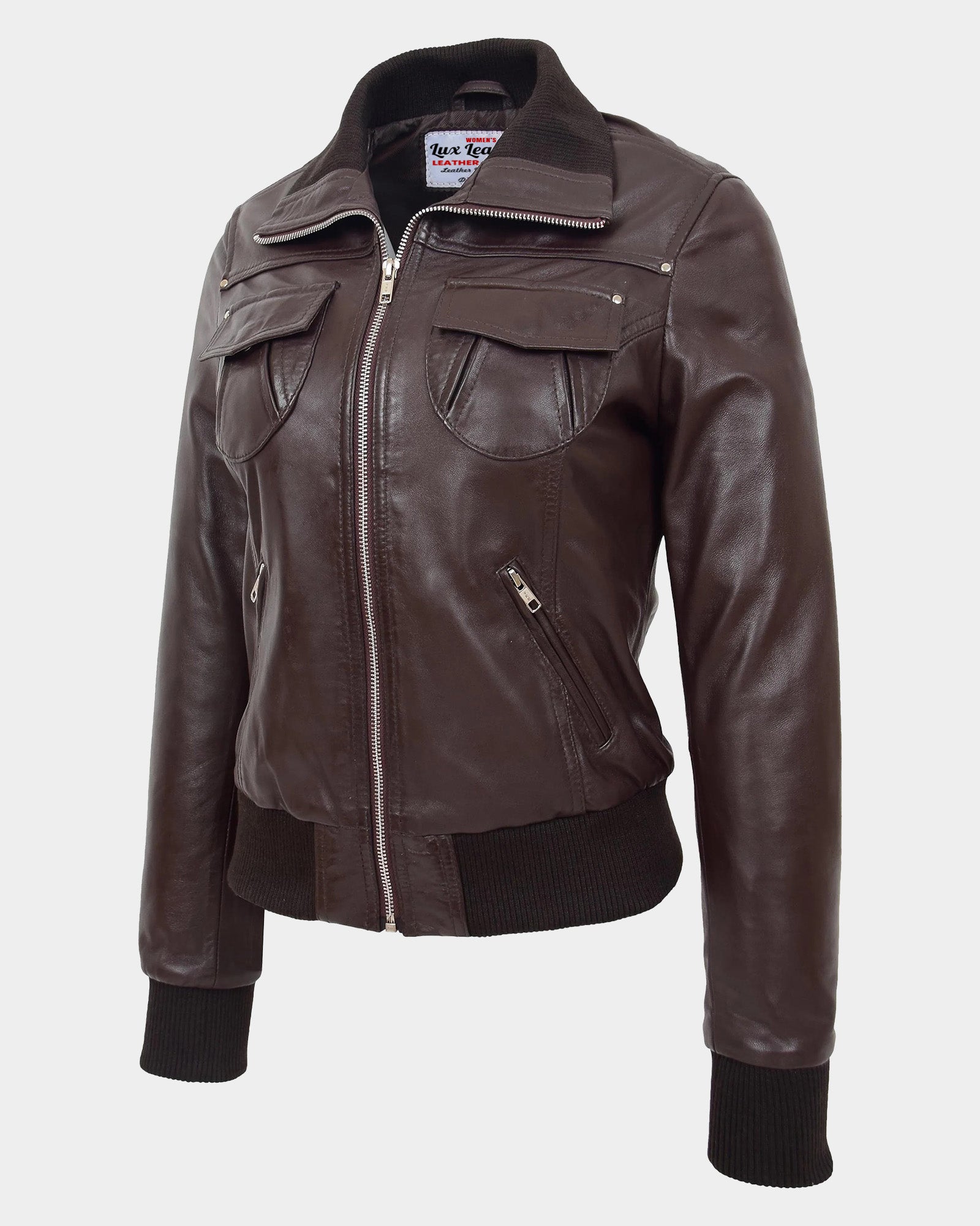 Womens Leather Classic Bomber Jacket Motto Zenith Brown