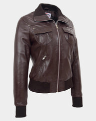 Womens Leather Classic Bomber Jacket Motto Zenith Brown