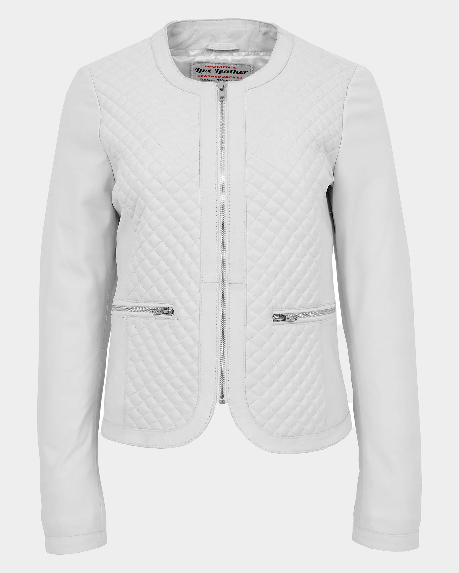 Womens Leather Collarless Jacket with Quilt Design Joan Astral White