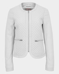 Womens Leather Collarless Jacket with Quilt Design Joan Astral White