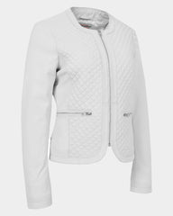 Womens Leather Collarless Jacket with Quilt Design Joan Astral White