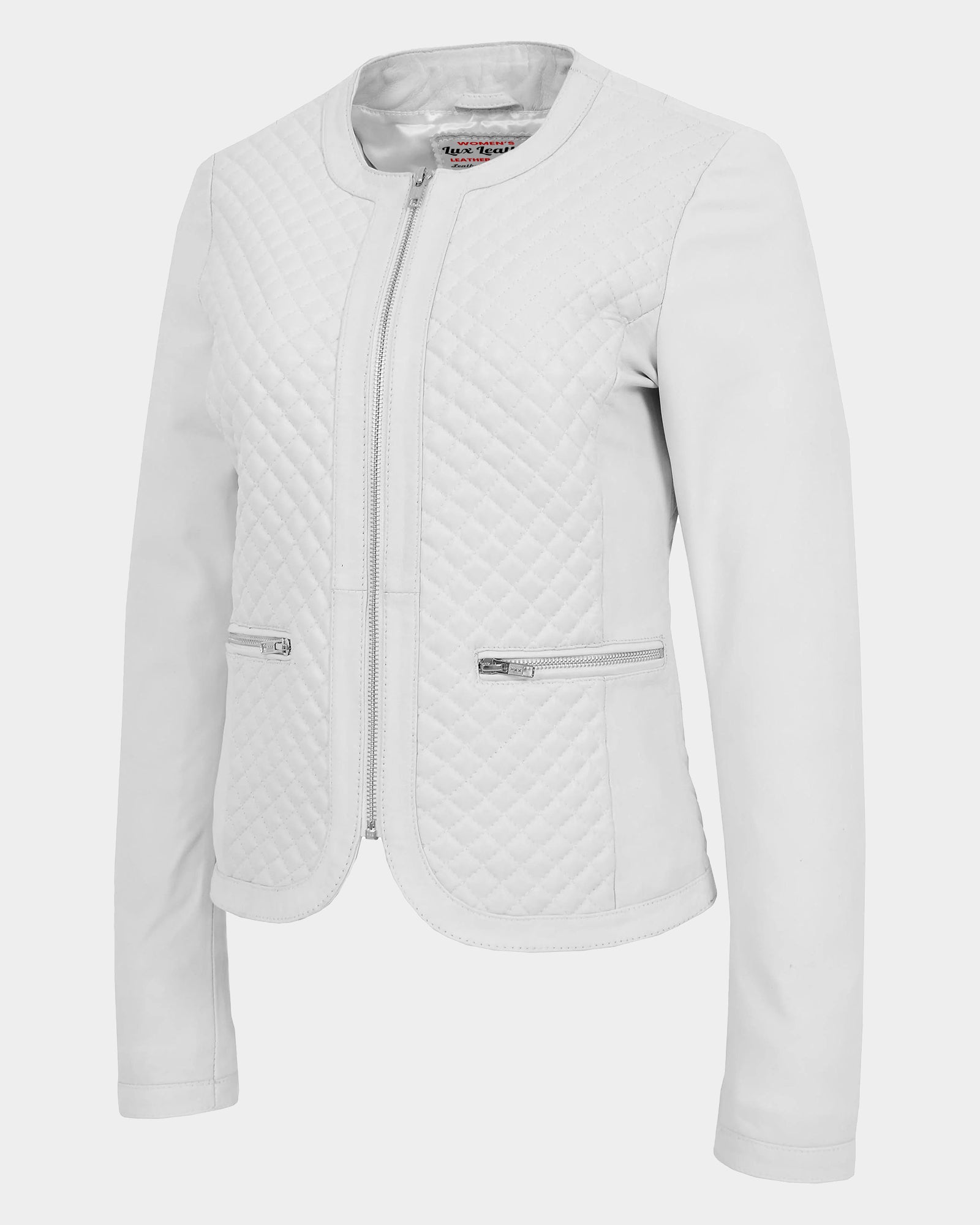 Womens Leather Collarless Jacket with Quilt Design Joan Astral White