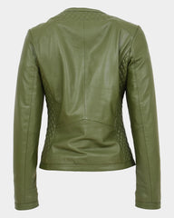 Womens Leather Collarless Jacket with Quilt Design Joan Aurora Olive Green