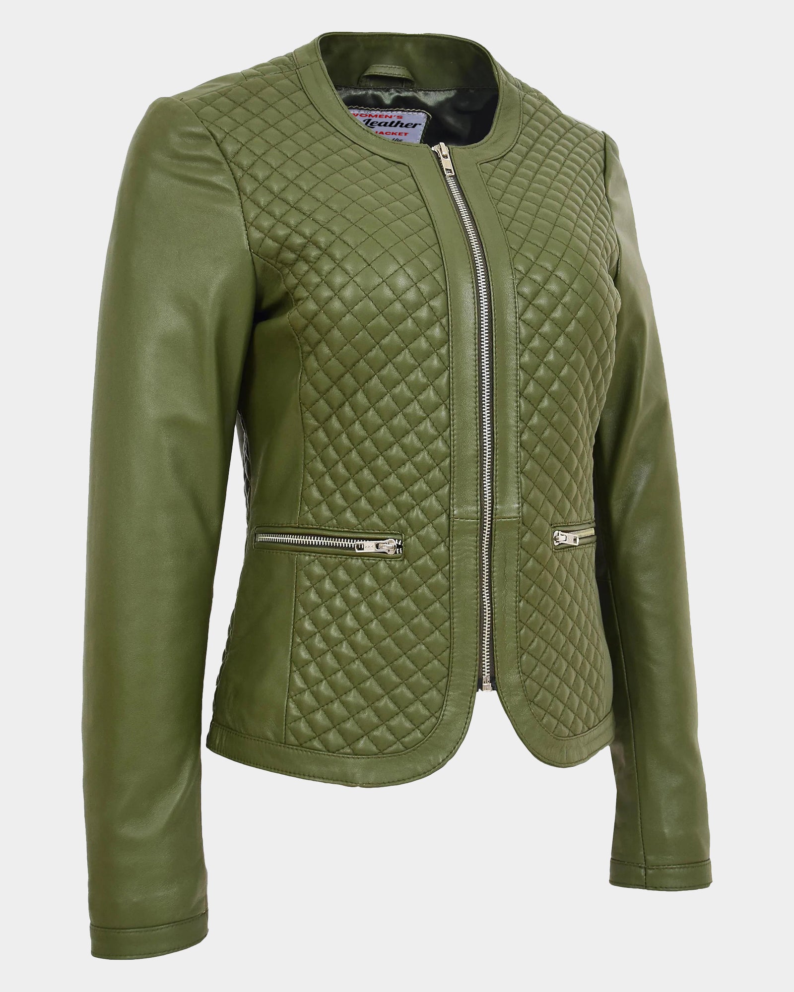 Womens Leather Collarless Jacket with Quilt Design Joan Aurora Olive Green