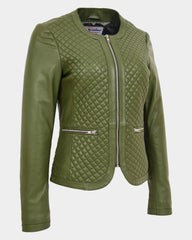 Womens Leather Collarless Jacket with Quilt Design Joan Aurora Olive Green