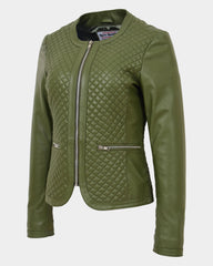 Womens Leather Collarless Jacket with Quilt Design Joan Aurora Olive Green