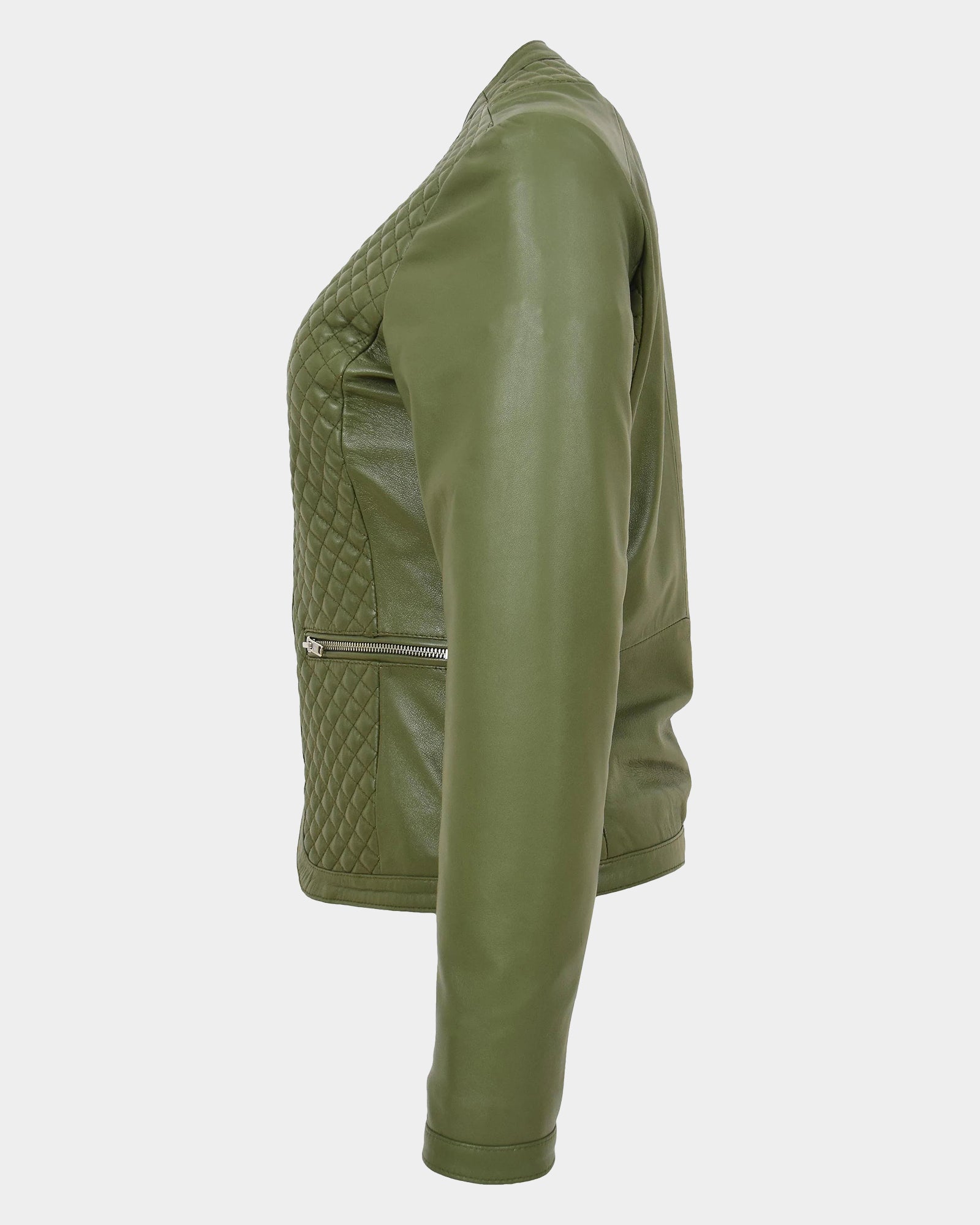 Womens Leather Collarless Jacket with Quilt Design Joan Aurora Olive Green