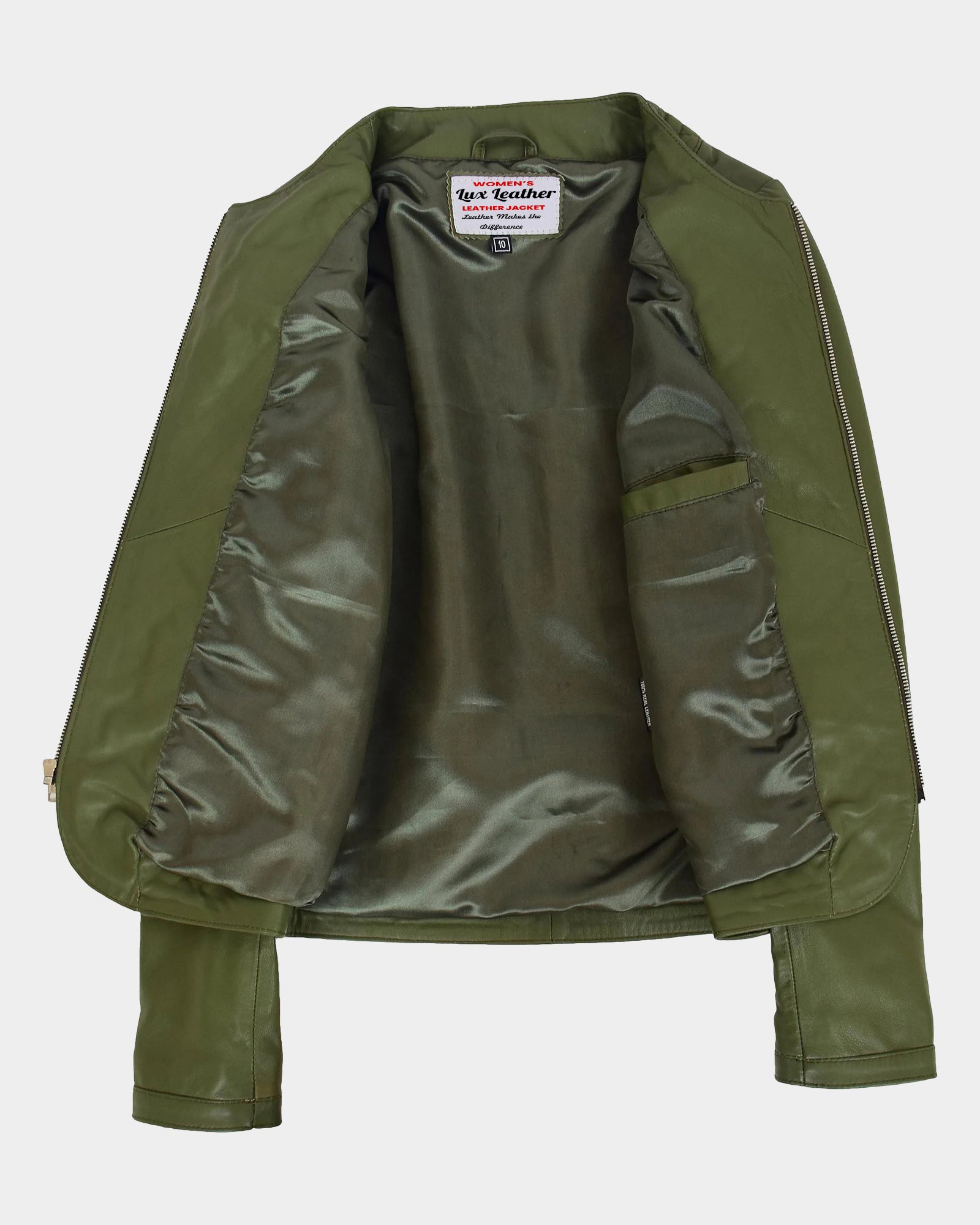 Womens Leather Collarless Jacket with Quilt Design Joan Aurora Olive Green