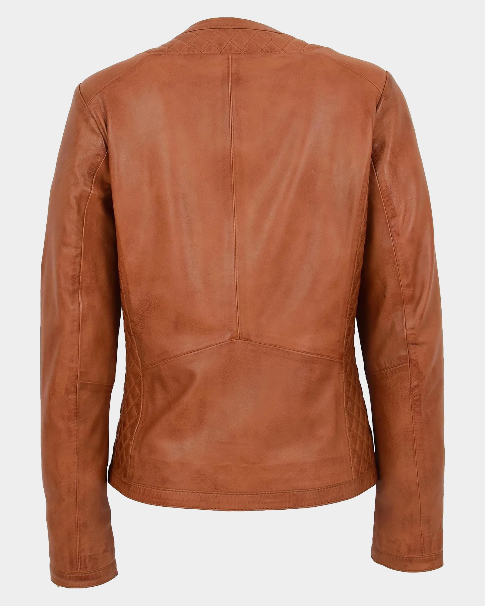 Womens Leather Collarless Jacket with Quilt Design Joan Dynamo Tan