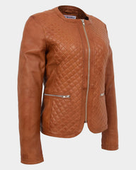 Womens Leather Collarless Jacket with Quilt Design Joan Dynamo Tan