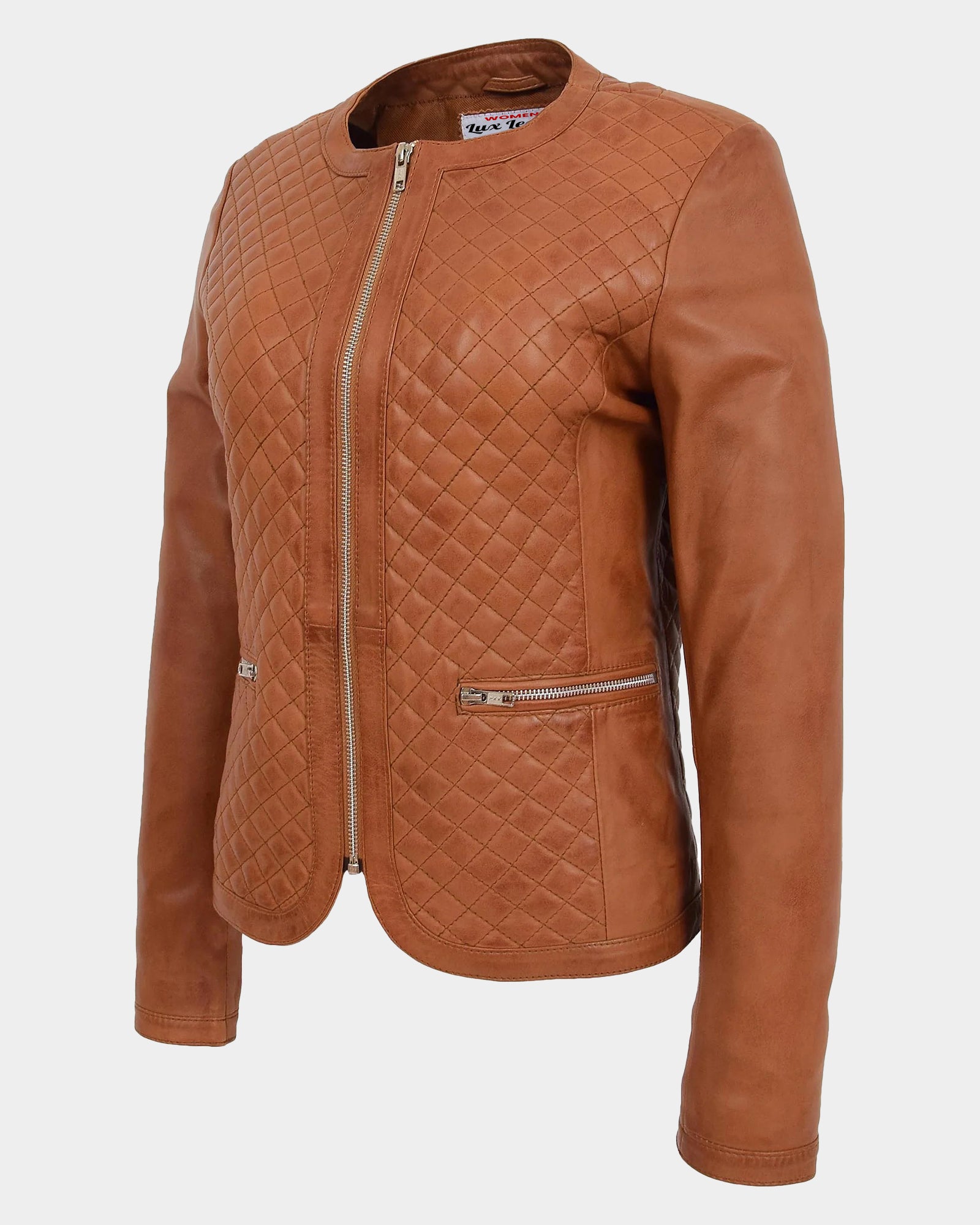 Womens Leather Collarless Jacket with Quilt Design Joan Dynamo Tan