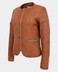 Womens Leather Collarless Jacket with Quilt Design Joan Dynamo Tan