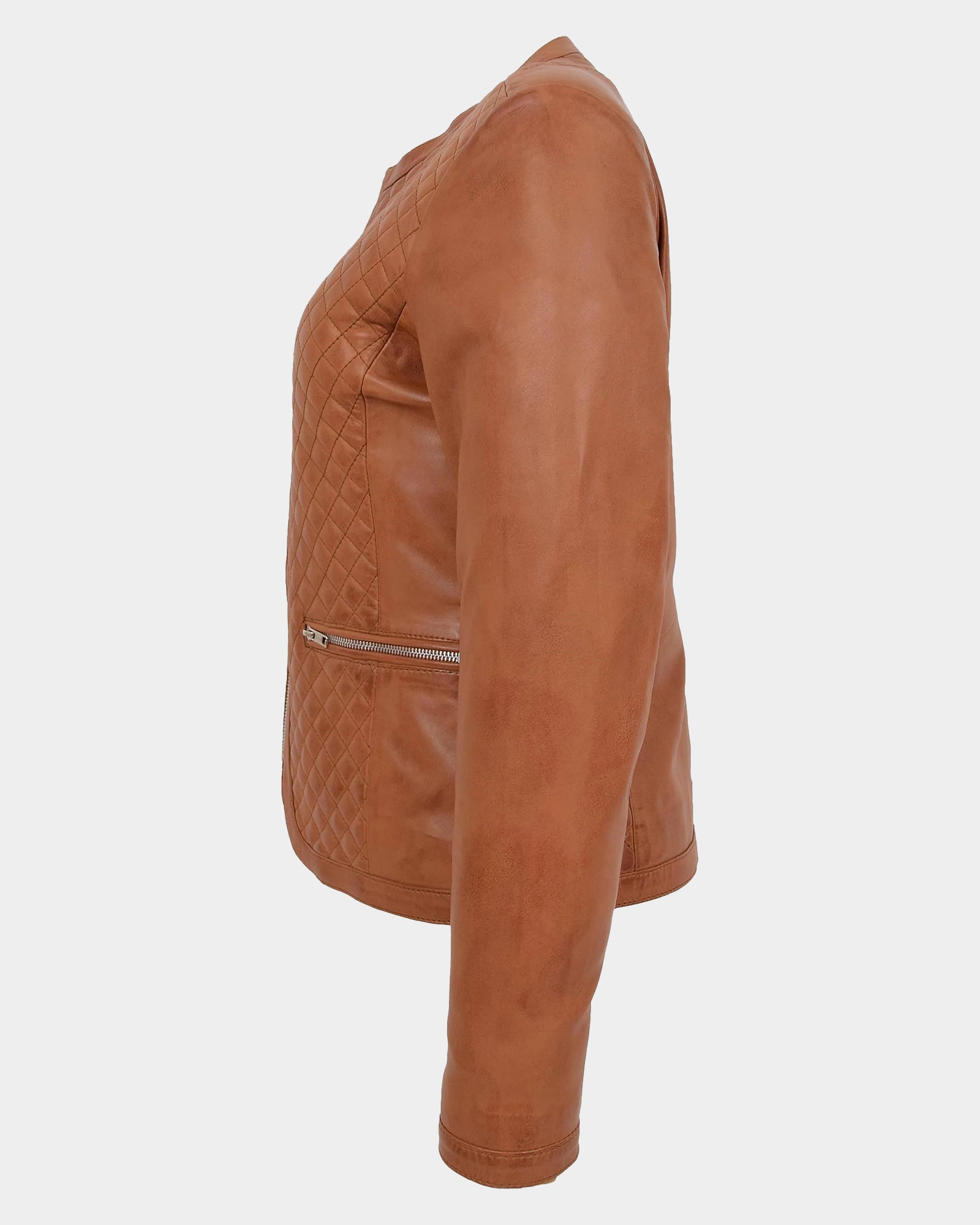 Womens Leather Collarless Jacket with Quilt Design Joan Dynamo Tan