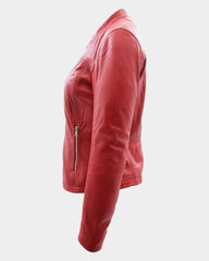 Womens Leather Collarless Jacket with Quilt Design Joan Ignite Red