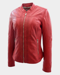 Womens Leather Collarless Jacket with Quilt Design Joan Ignite Red